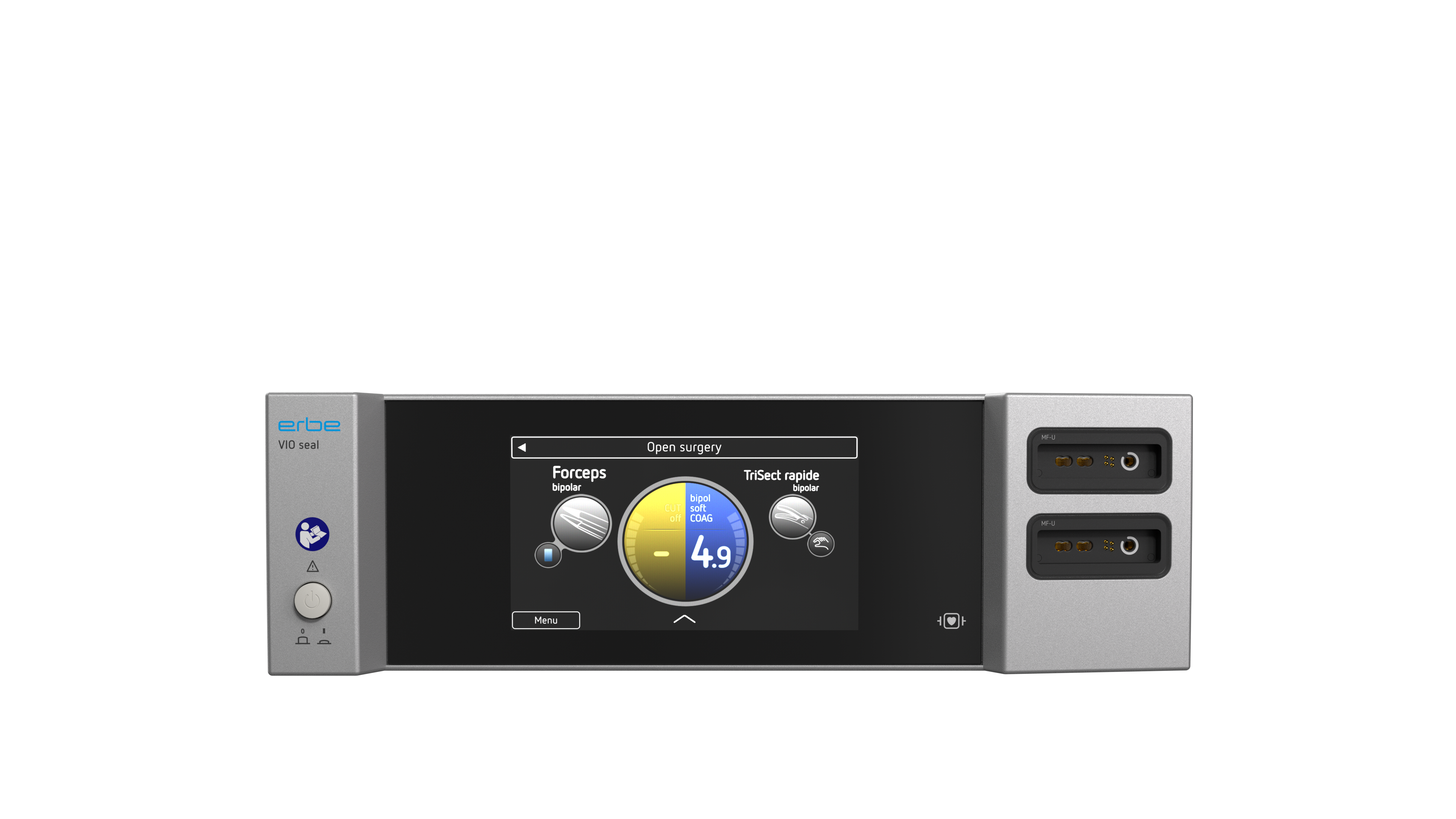 VIO® seal electrosurgical generator with illuminated display showing CUT off and bipol softCOAG modes on the user interface.